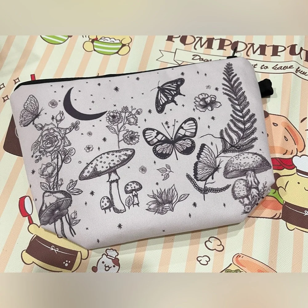 Butterfly, Flower, Mushroom and Moon Whimsical Print Zip Makeup Bag NWOT